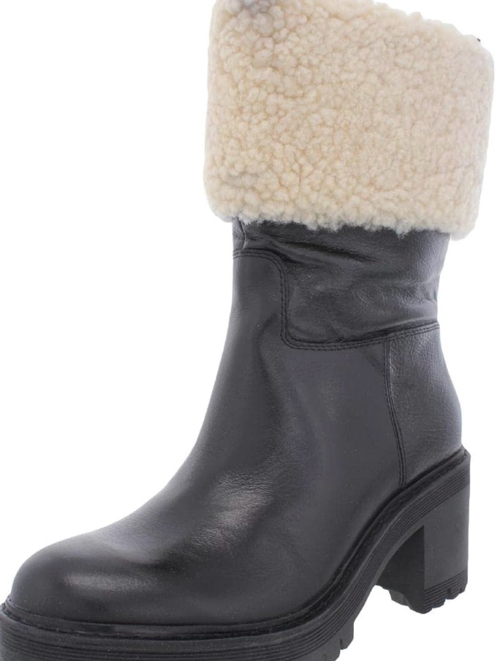 Marc Fisher Black Leather Ankle Boots with Cream Shearling Cuff